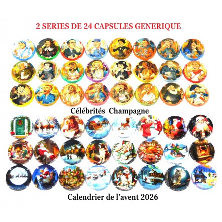 2 SERIES DE 24 CAPSULES DE CHAMPAGNE GENERIQUE  "Célébrités et Calendrier 2026