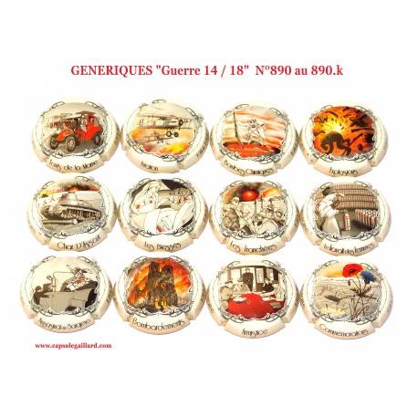 N°890 - Série de 12 capsules de Champagne GENERIQUE  "Guerre 14 - 18"